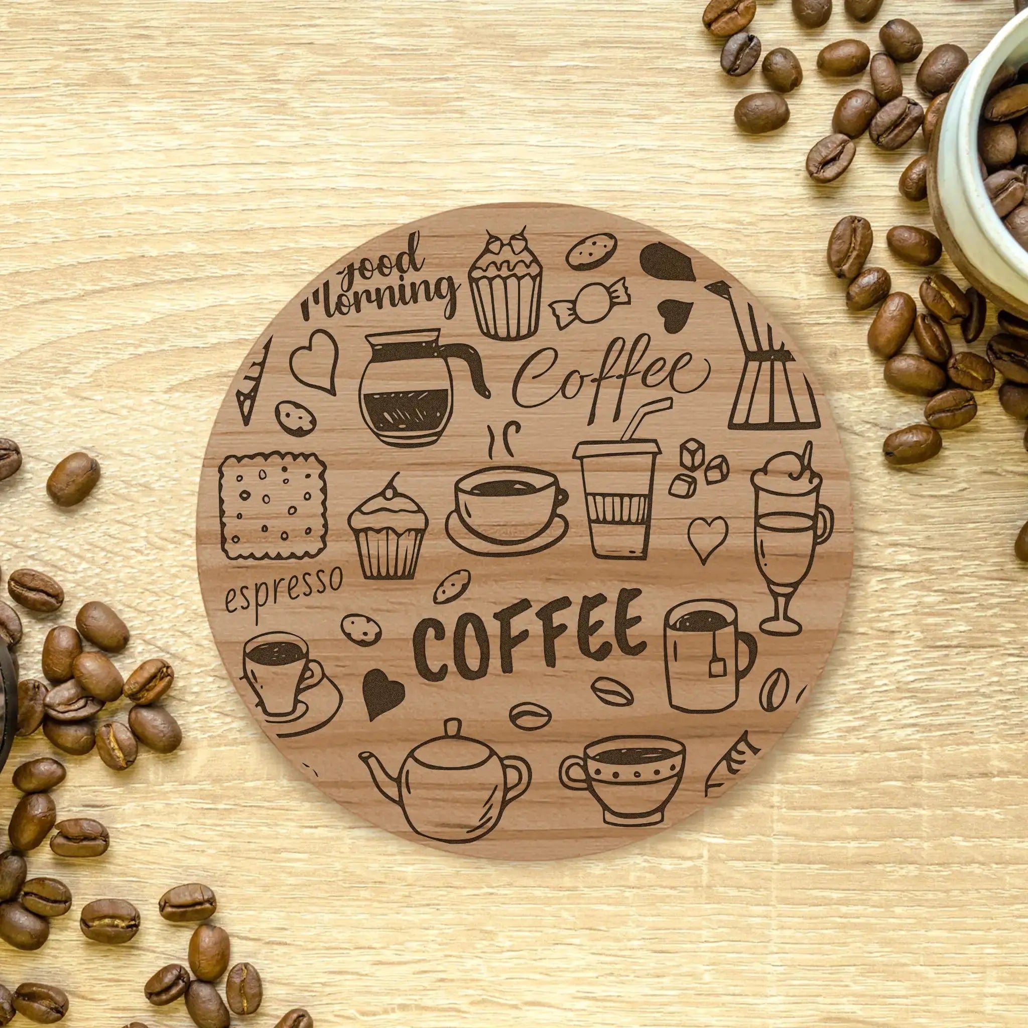 Coffee Designs Round Wooden Coasters (Set of 4) Burn Wow