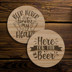 Beer Designs Round Wooden Coasters (Set of 2) Burn Wow