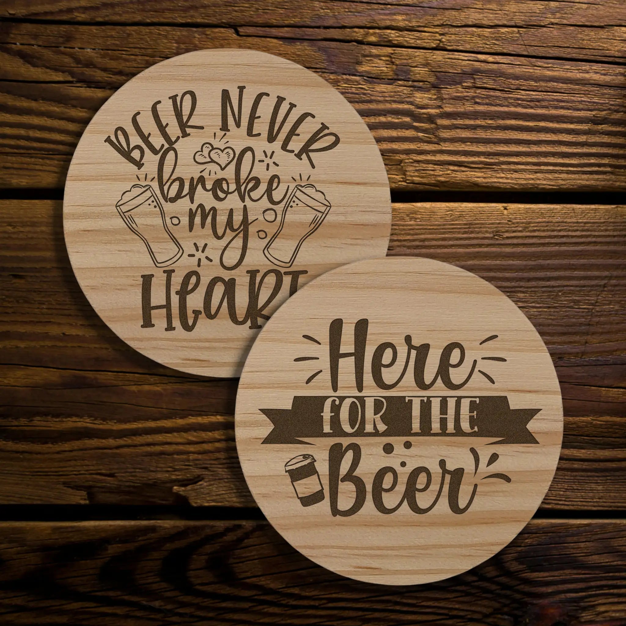 Beer Designs Round Wooden Coasters (Set of 2) Burn Wow
