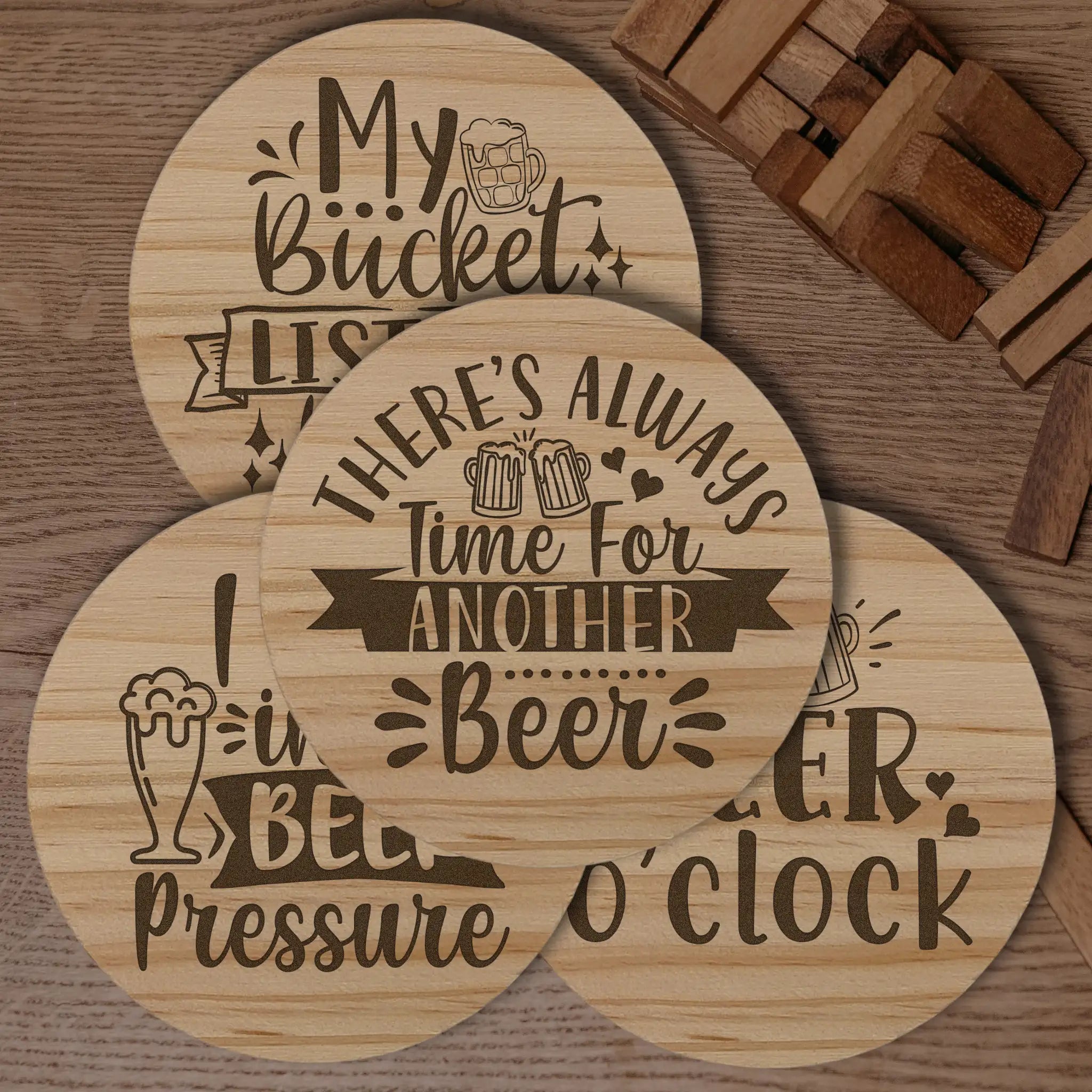Beer Designs Round Wooden Coasters (Set of 4) Burn Wow