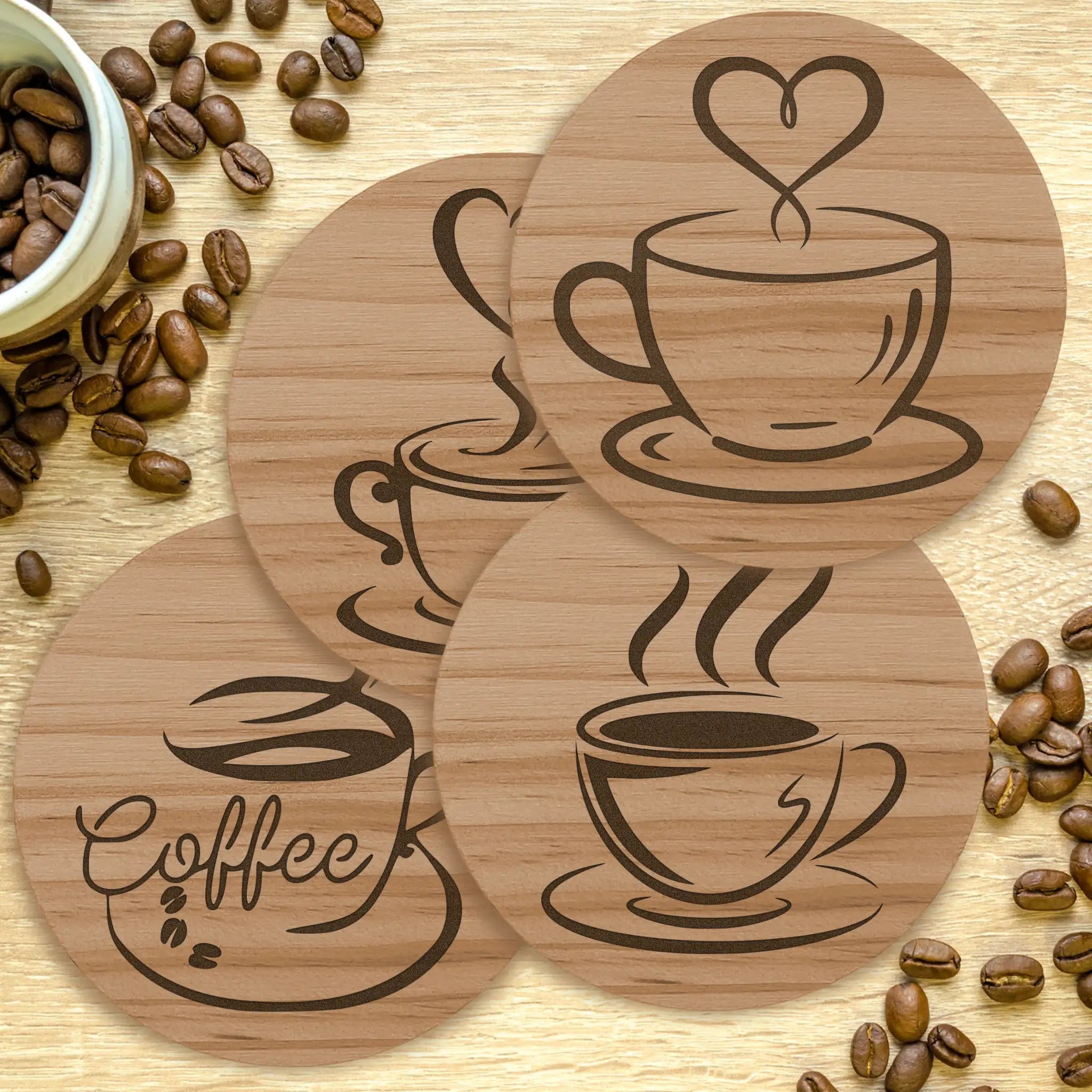 Coffee Cup Designs Round Wooden Coasters (Set of 4) Burn Wow