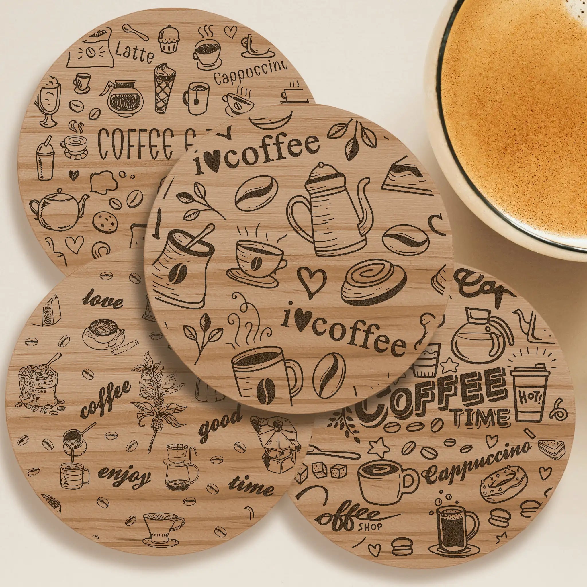 Coffee Designs Round Wooden Coasters (Set of 4) Burn Wow