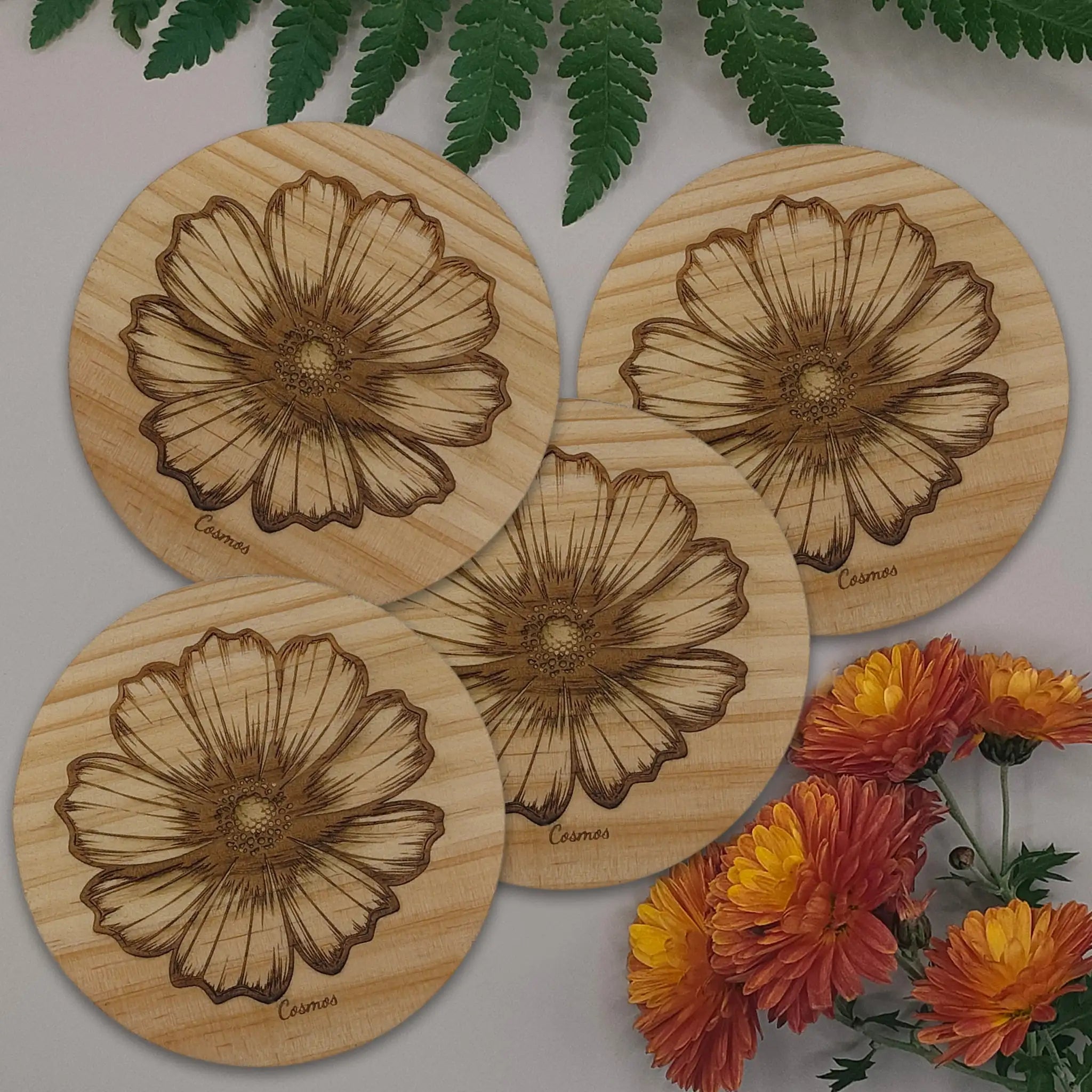 Floral Designs Round Wooden Coasters (Set of 4) Burn Wow