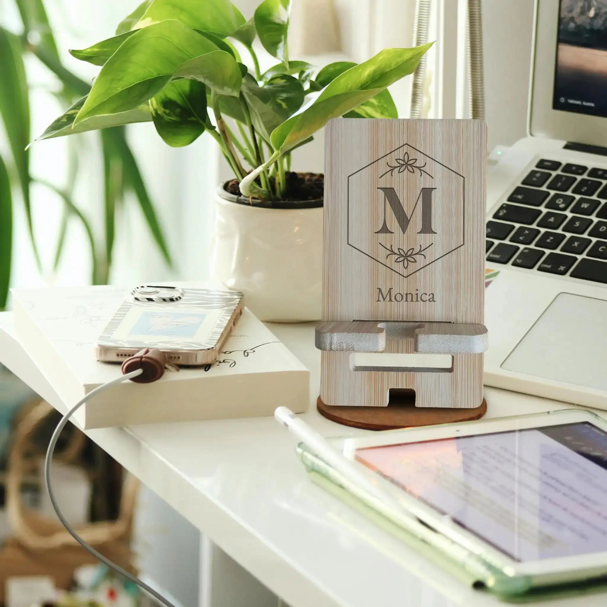 Monogram Bamboo Phone Stand Burn Wow