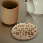 Coffee Cup Designs Round Wooden Coasters (Set of 4) Burn Wow