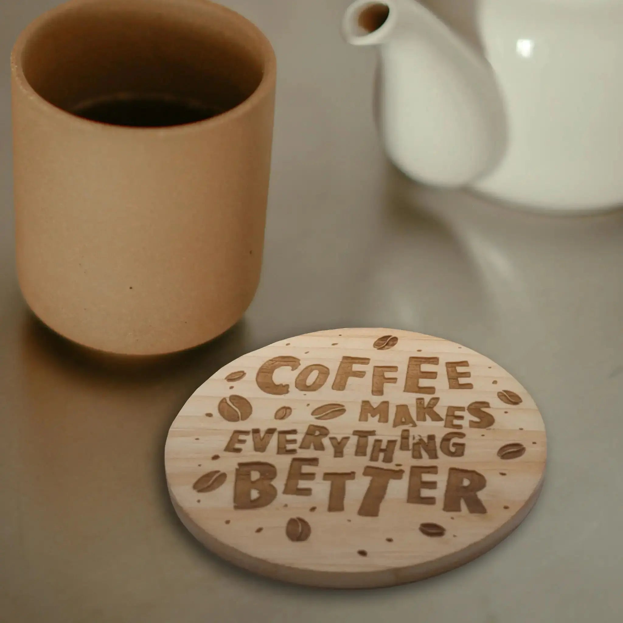 Coffee Cup Designs Round Wooden Coasters (Set of 4) Burn Wow