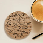 Coffee Designs Round Wooden Coasters (Set of 4) Burn Wow