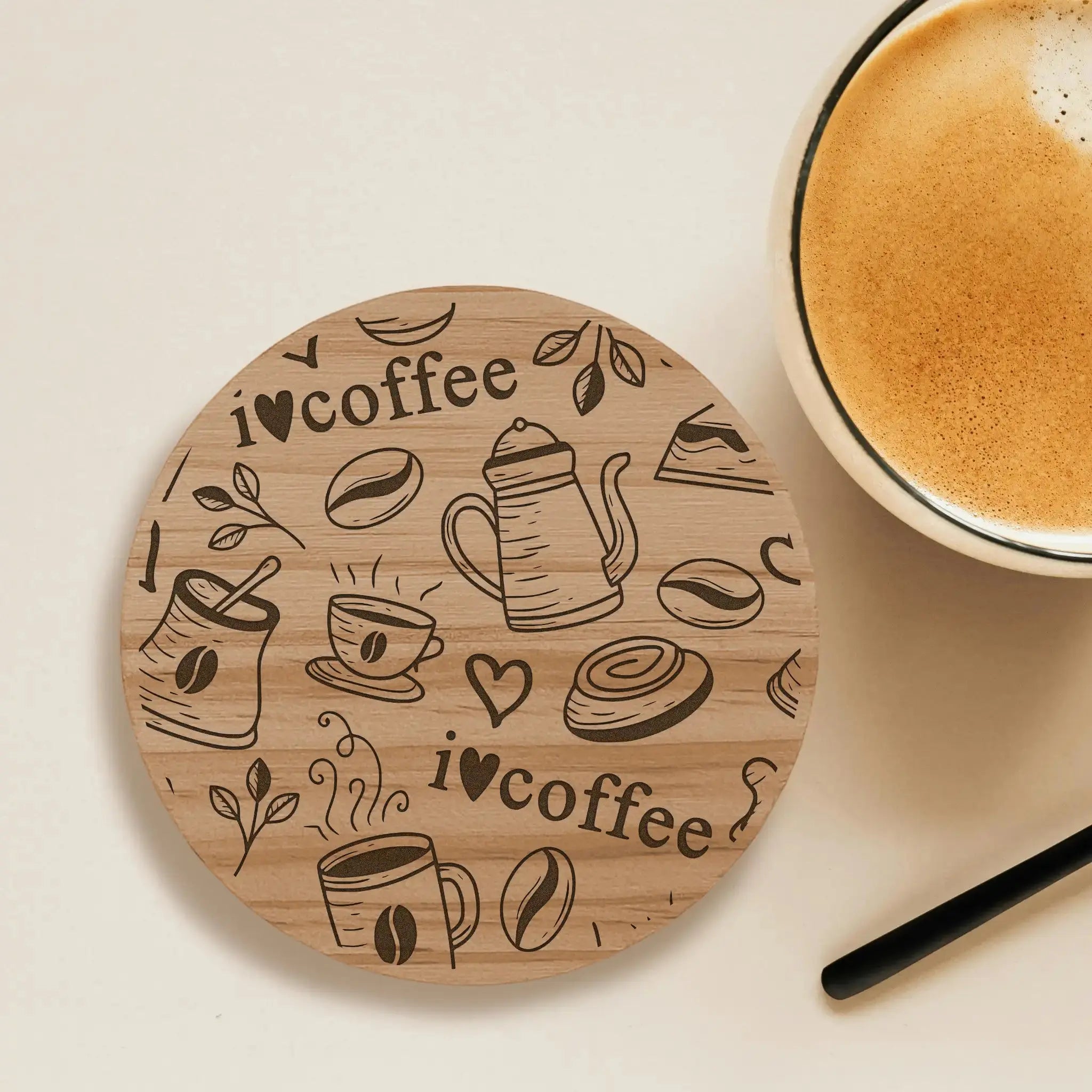 Coffee Designs Round Wooden Coasters (Set of 4) Burn Wow
