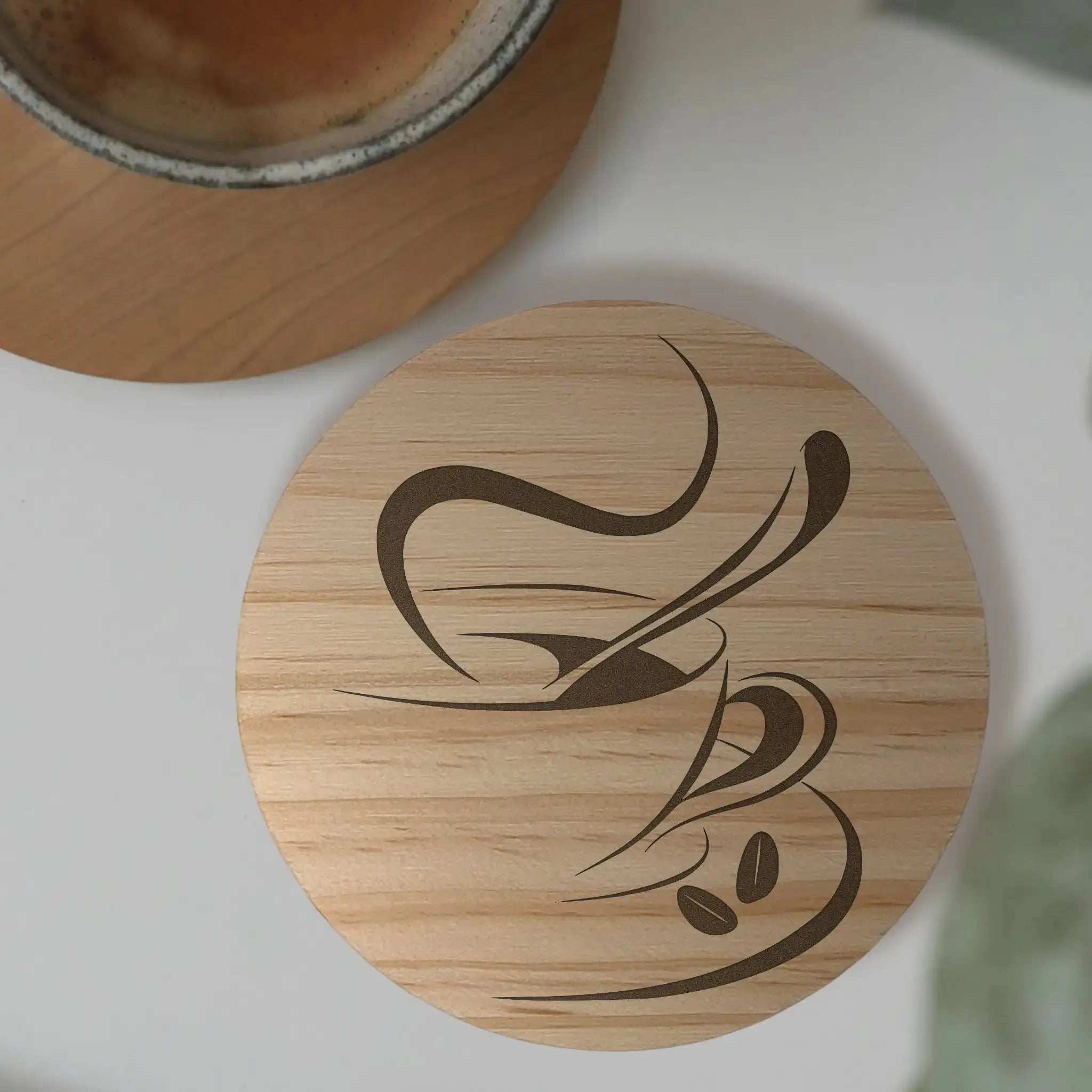 Coffee Cup Designs Round Wooden Coasters (Set of 4) Burn Wow