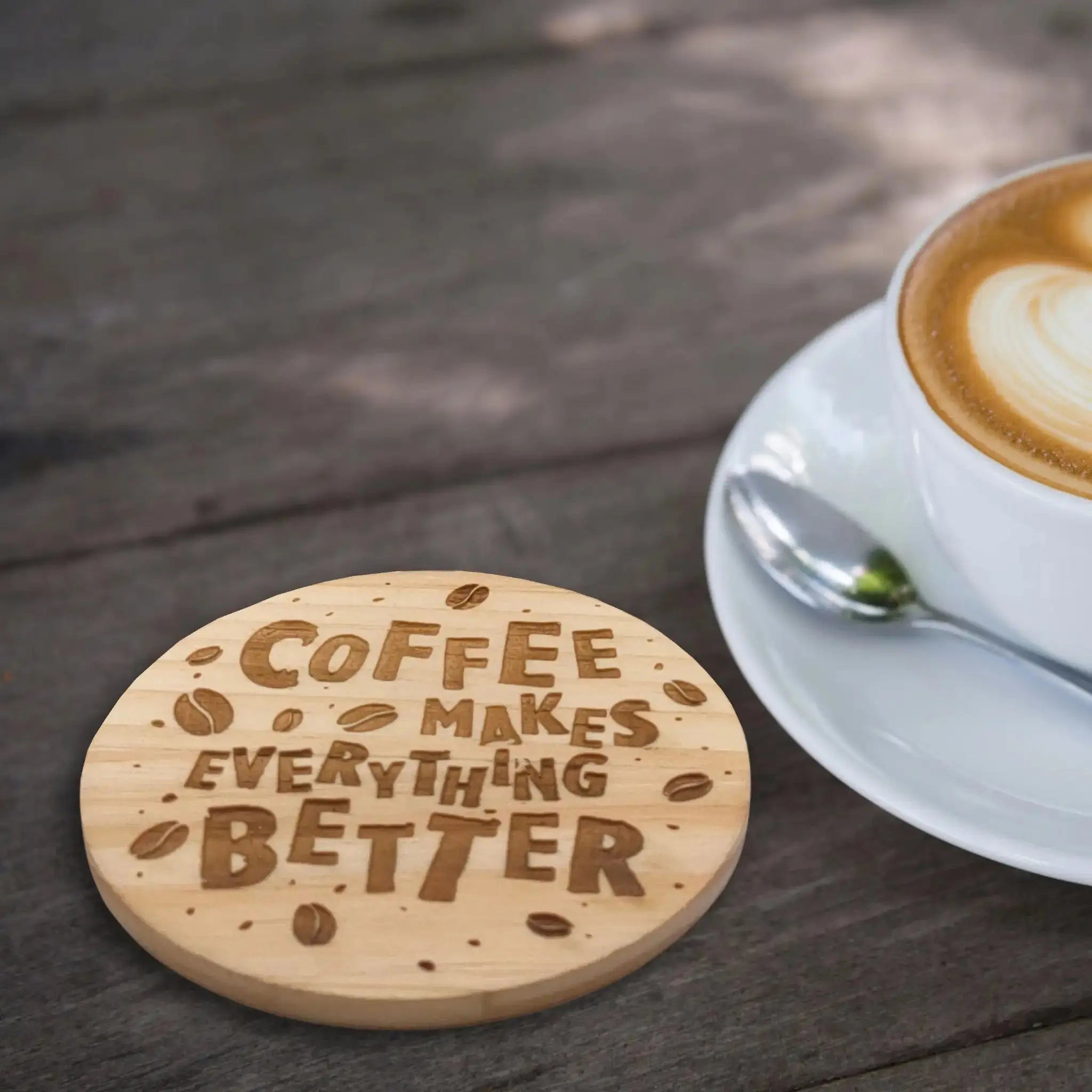 Coffee Cup Designs Round Wooden Coasters (Set of 4) Burn Wow
