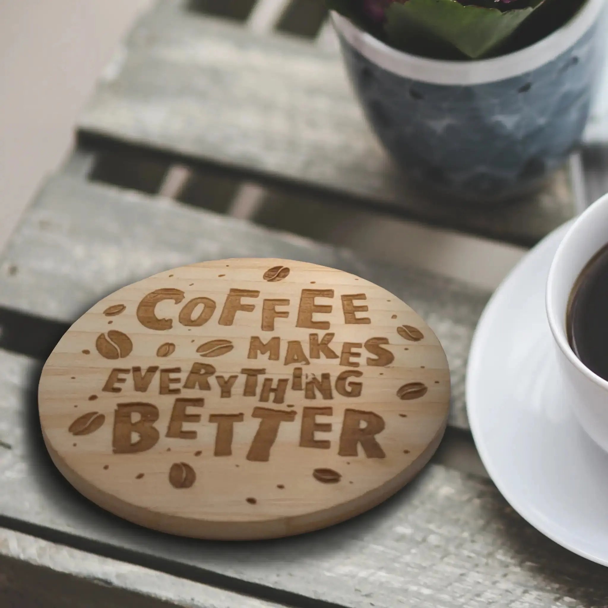 Coffee Cup Designs Round Wooden Coasters (Set of 4) Burn Wow