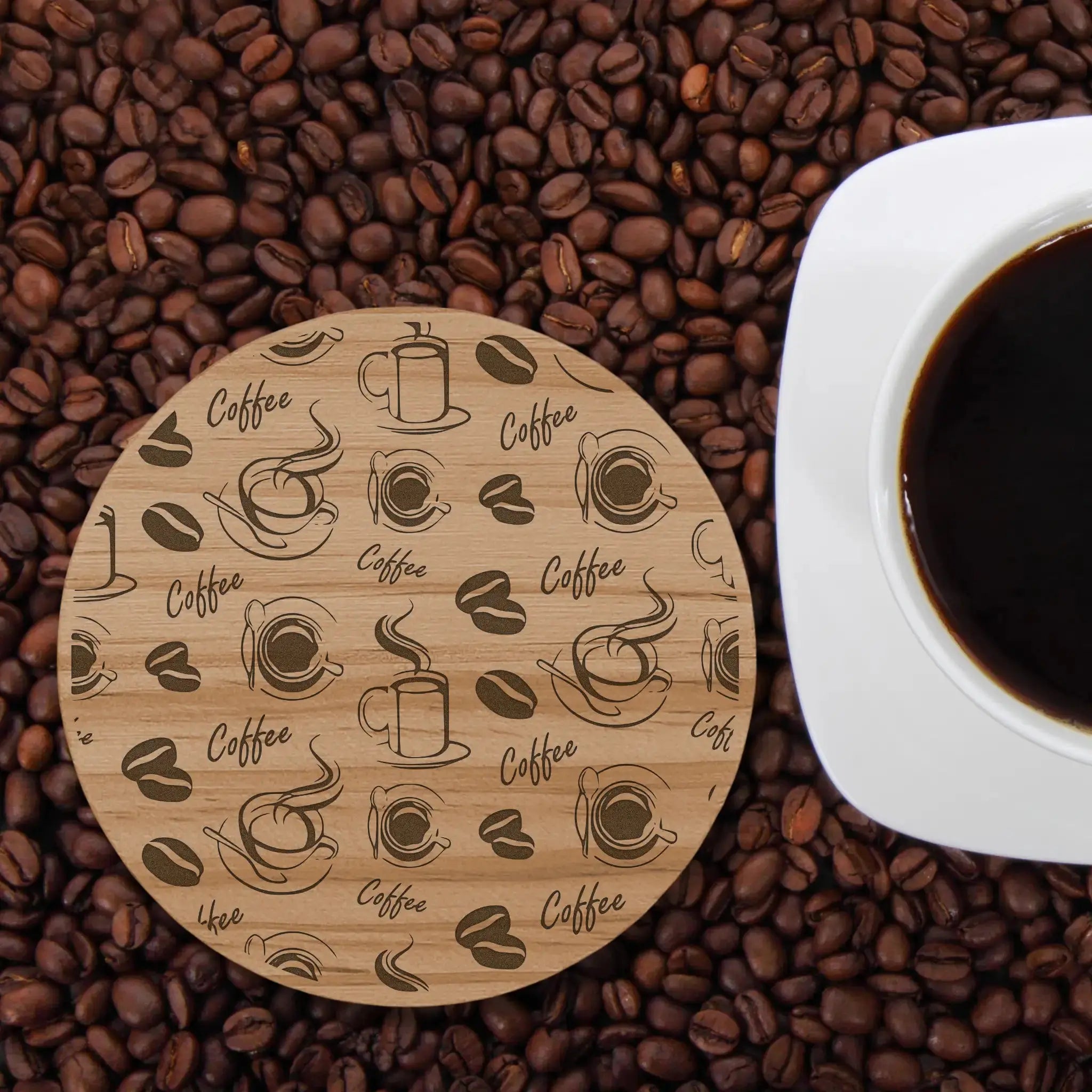 Coffee Designs Round Wooden Coasters (Set of 4) Burn Wow